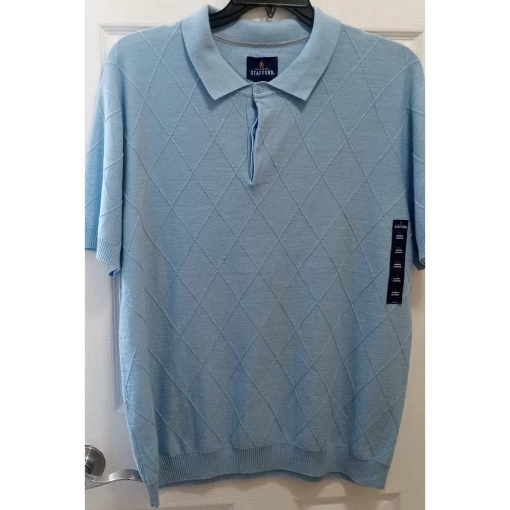 Stafford Mens Short Sleeve Polo Shirt Sz XL Light Blue Diamond Print Golf NWT